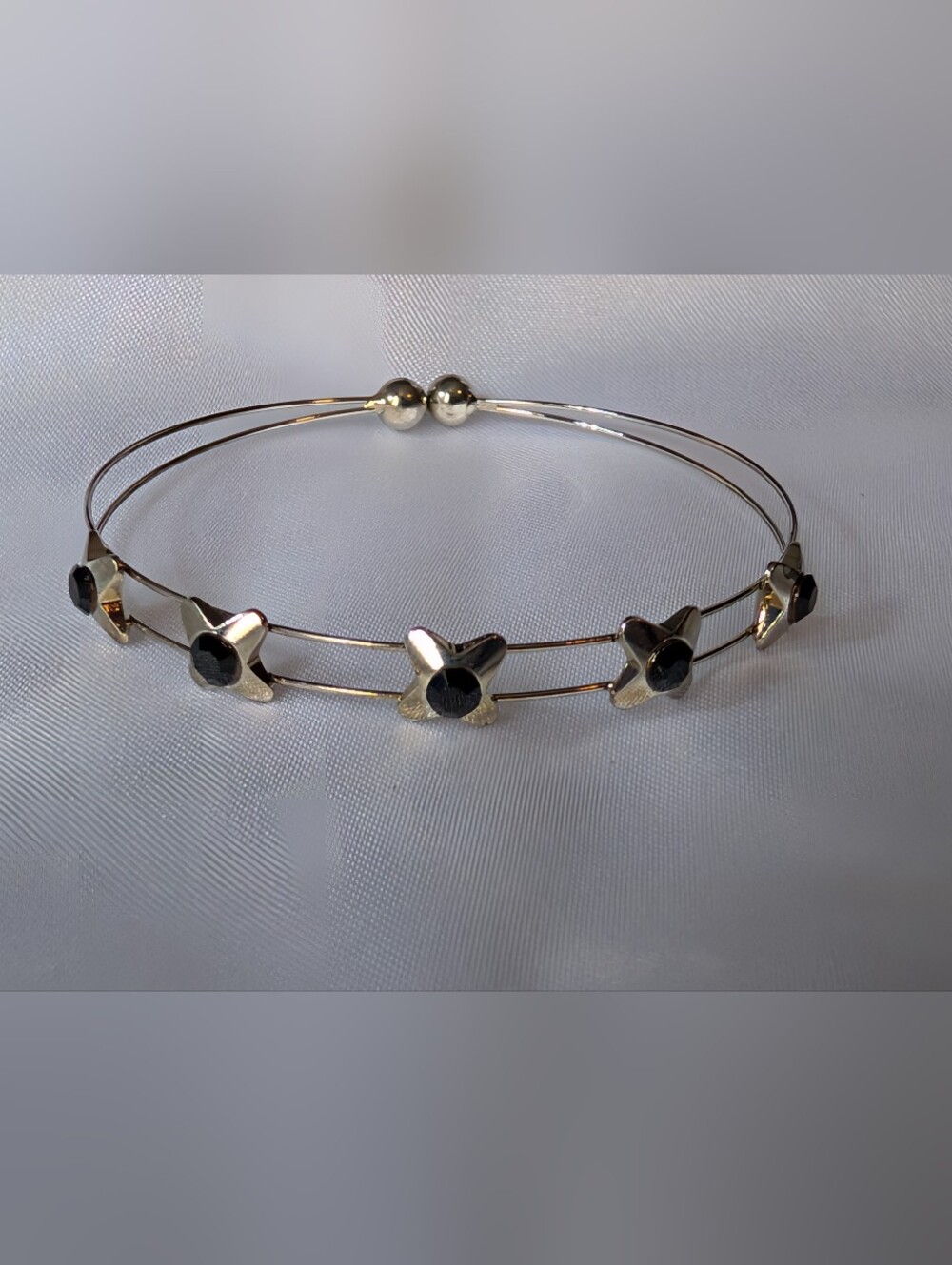 Girls Silvertone Memory Wire Cuff Bracelet Black Rhinestone Butterfly Sliders